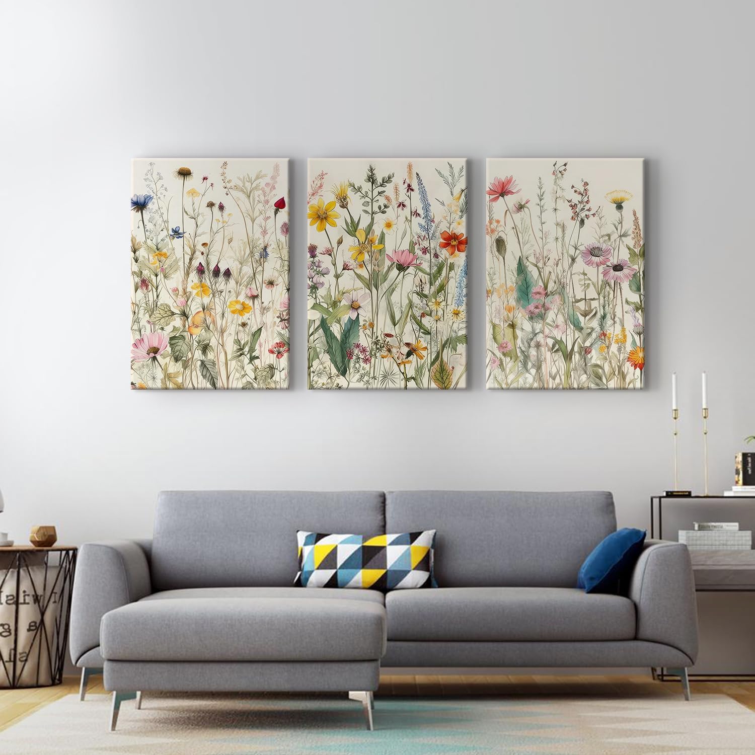 3 Pcs Framed Flowers Canvas Wall Art Watercolor Floral Botanical Prints Wildflower Pictures Wall Decor Colorful Plant Paintings Posters for Bathroom Living Room Bedroom Office Kitchen(16x24in)
