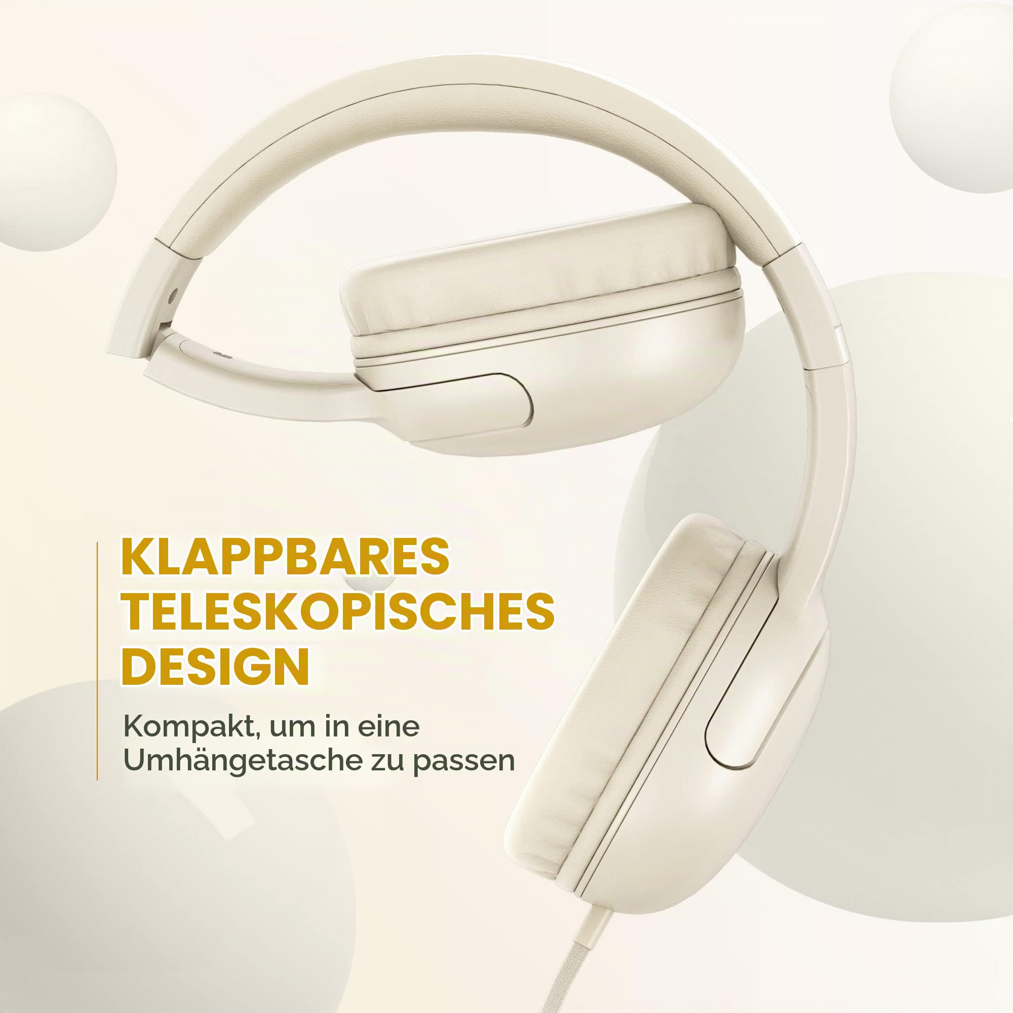 LORELEI E5 Kabelgebundene Kinder-Kopfhörer mit Faltbarer & 3,5mm Klinkenbuchse Verwicklungsfreie Nylondraht-Stereo-On-Ear-Headsets für Schule/Tablet/Ipad/Kiddle (Beigeweiß)
