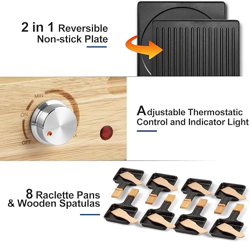 Miniatura 3 de CUSIMAX - Parrilla de mesa de raclette para interiores, parrilla eléctrica de 1500 W con placa antiadherente reversible 2 en 1base de madera,