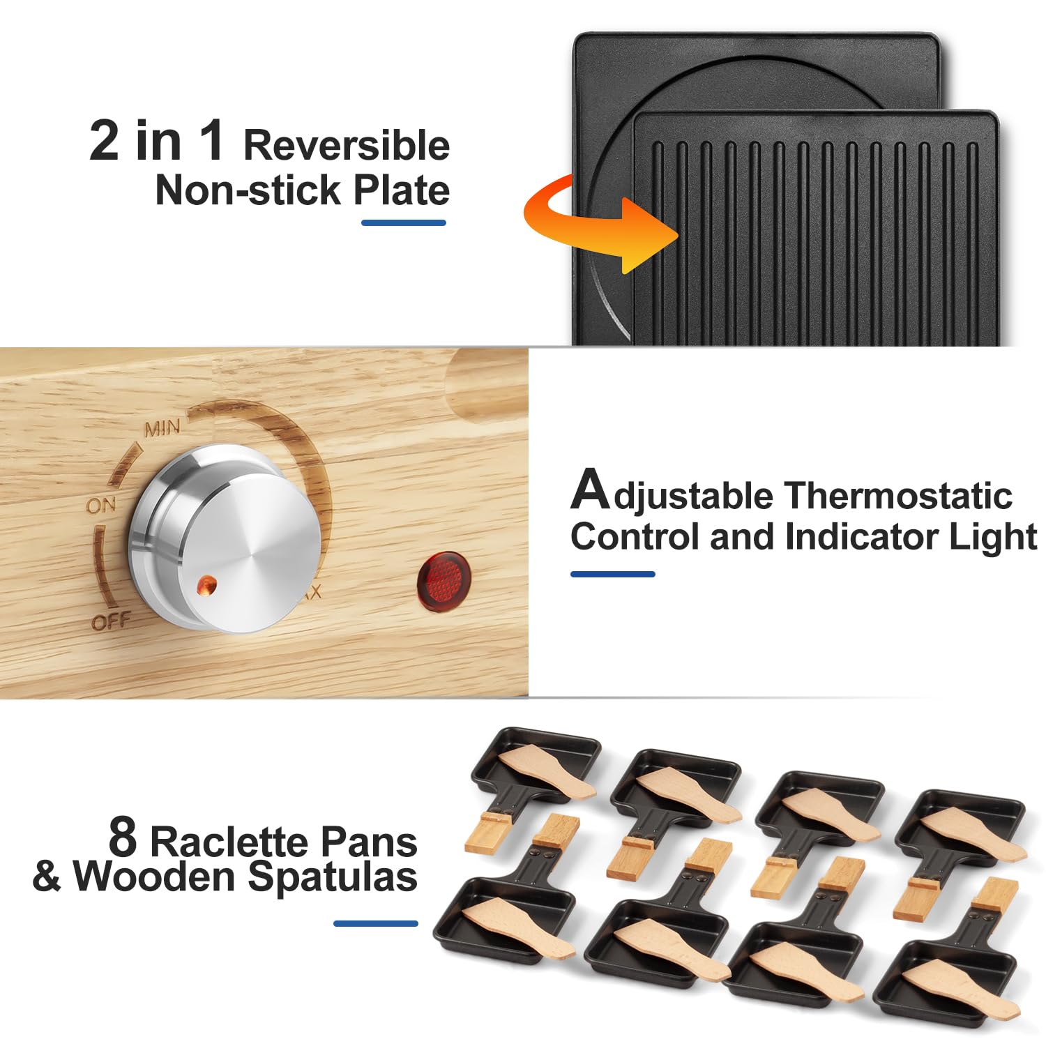 Parrilla de mesa de raclette para interiores, parrilla eléctrica de 1500 W con placa antiadherente reversible 2 en 1/base de madera, parrilla de fiesta con 8 bandejas y espátulas de madera, 3