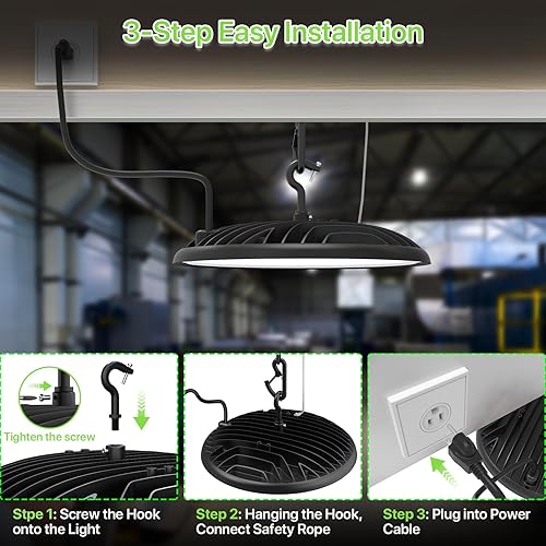 Miniatura 7 de Glitgate Luz LED de bahía alta de 200 W, 28000 lm 5000 K UFO Luz de bahía alta LED con enchufe de EE. UU., gancho colgante, impermeable IP65,