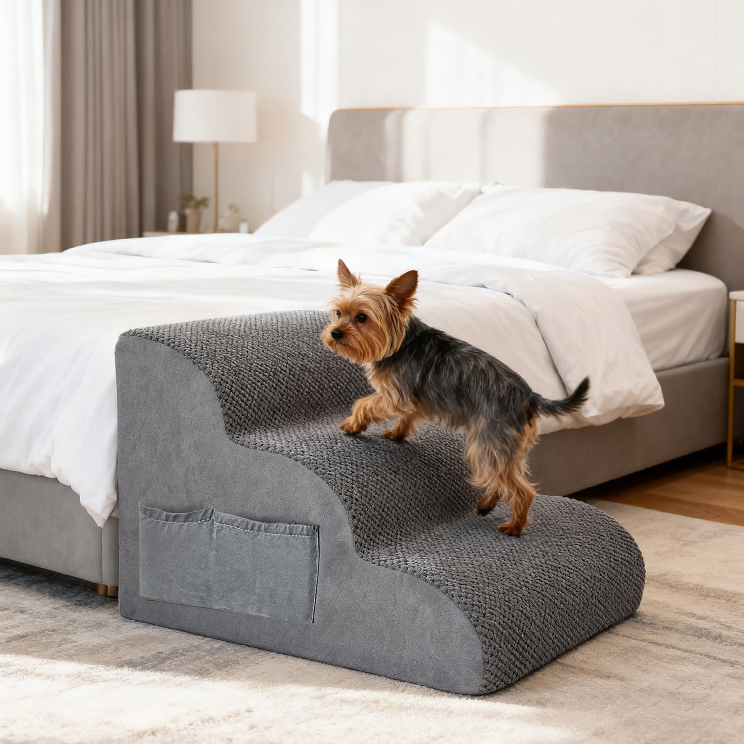 3-stufige Hundetreppe für Kleine Hunde mit Waschbarer Hülle, 2 Aufbewahrungstaschen & Tragegriff - Hochdichte Schaumstoffstufen, Rutschfester Bezug - Grau