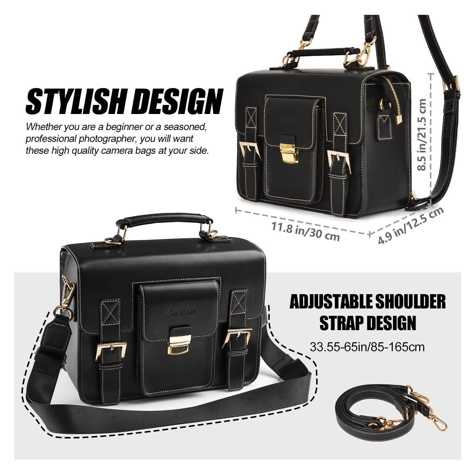 Cwatcun Bolso para cámara Bolso Bandolera para cámara Bolso para cámara Compacto Impermeable Retro Compatible para Canon Nikon Sony SLR/DSLR Cámara y Lente sin Espejo Negro, M