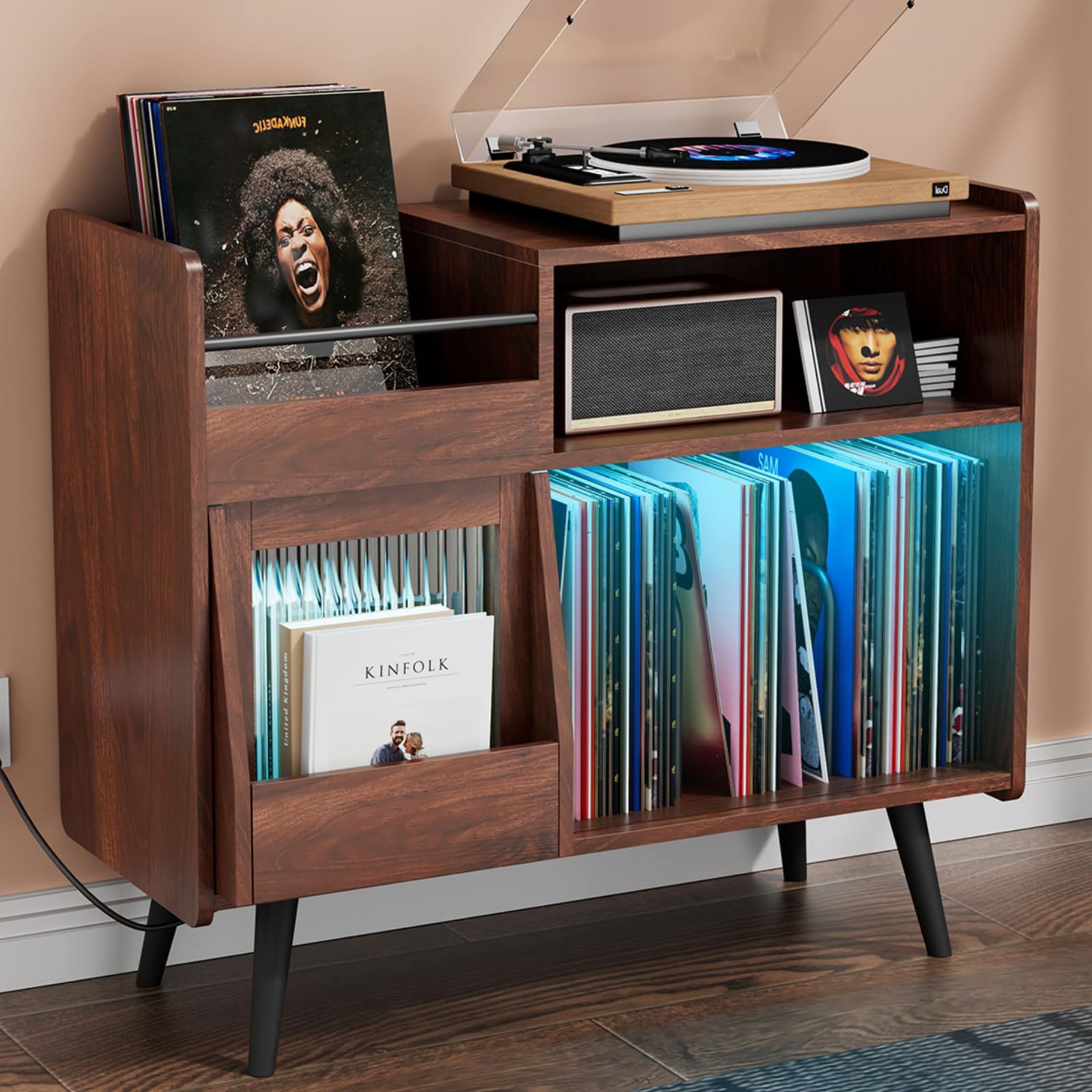 Large Record Player Stand with Sliding Door,350 Vinyl Record Storage Cabinet, Record Player Table with Power Outlet and LED Light,Turntable Stand with Wood Legs for Living Room,Office