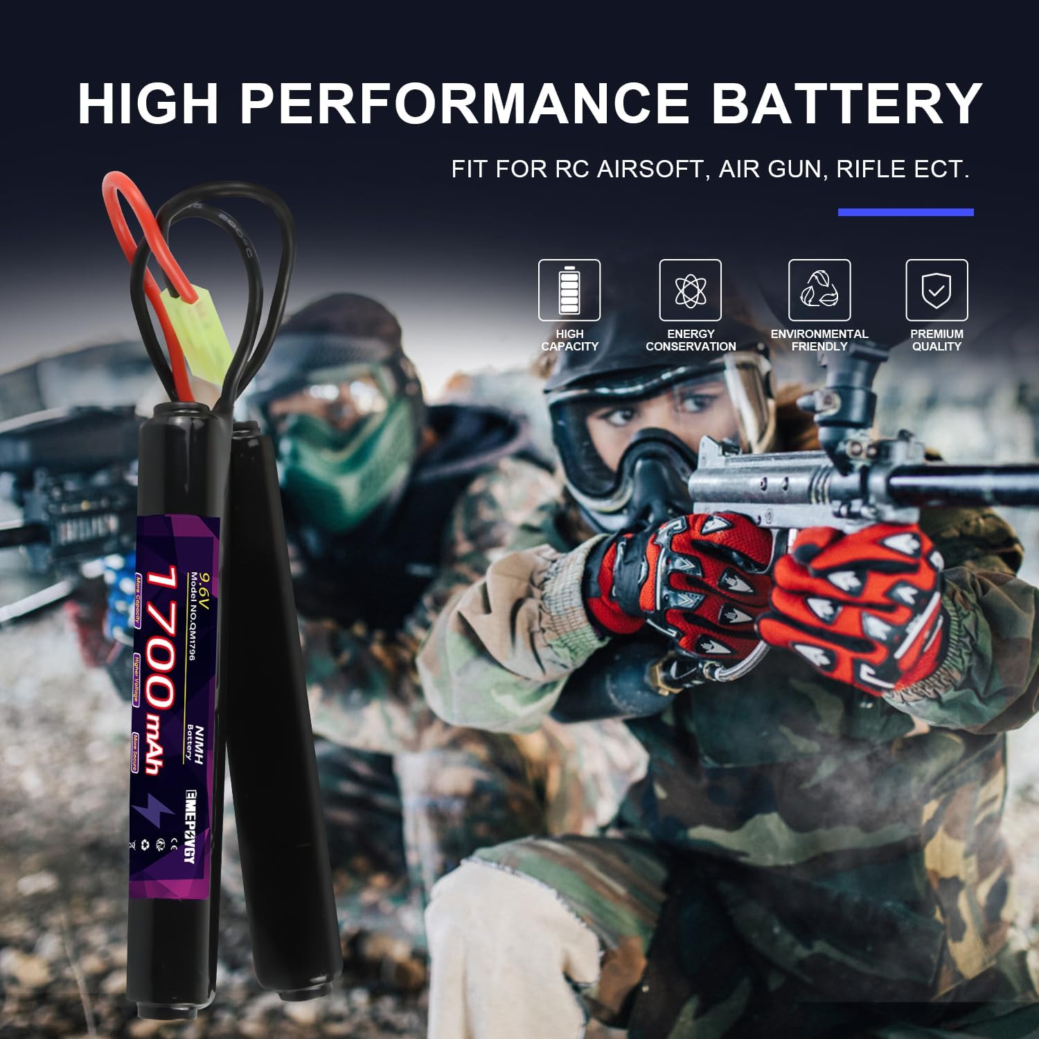 NiMH Airsoft Battery 9.6V 1700mAh Rechargeable Nunchuck Stick Battery Pack with Mini TMY Plug for Air Soft Gun Rifle