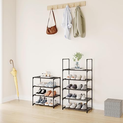 Miniatura 2 de MUAHRCE Zapatero pequeño de 3 niveles para armario, entrada, estante de zapatos de metal resistente apilable, organizador estrecho para zapatos