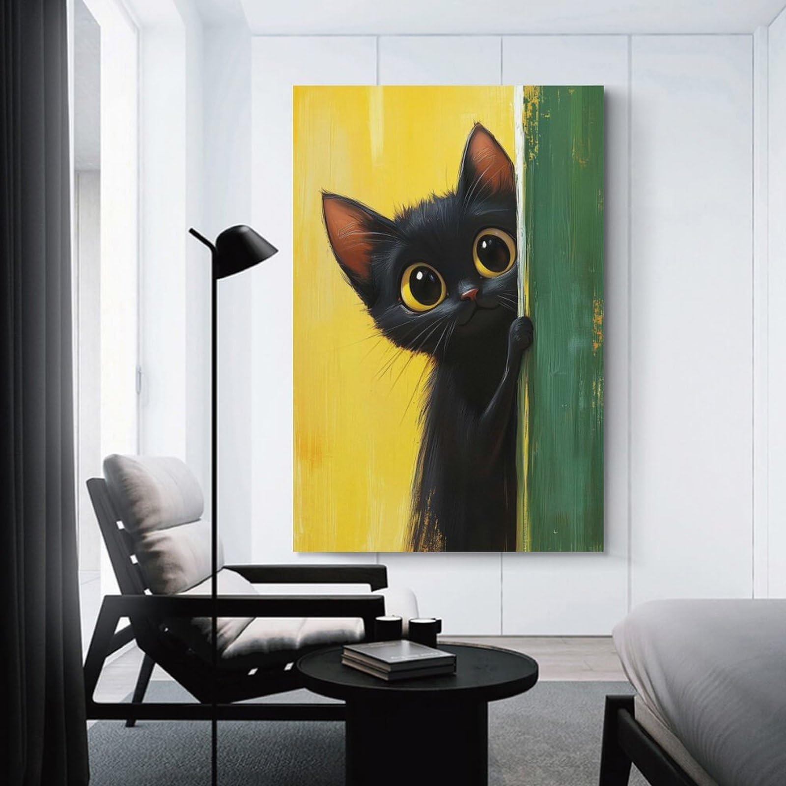 Junmoney Black Cat Peeking Home Decor Wall Art 24x36inch(60x90cm), for Restful Interiors, Bedrooms Or Small Rooms, Decorative Wall Art for Cosy Rooms