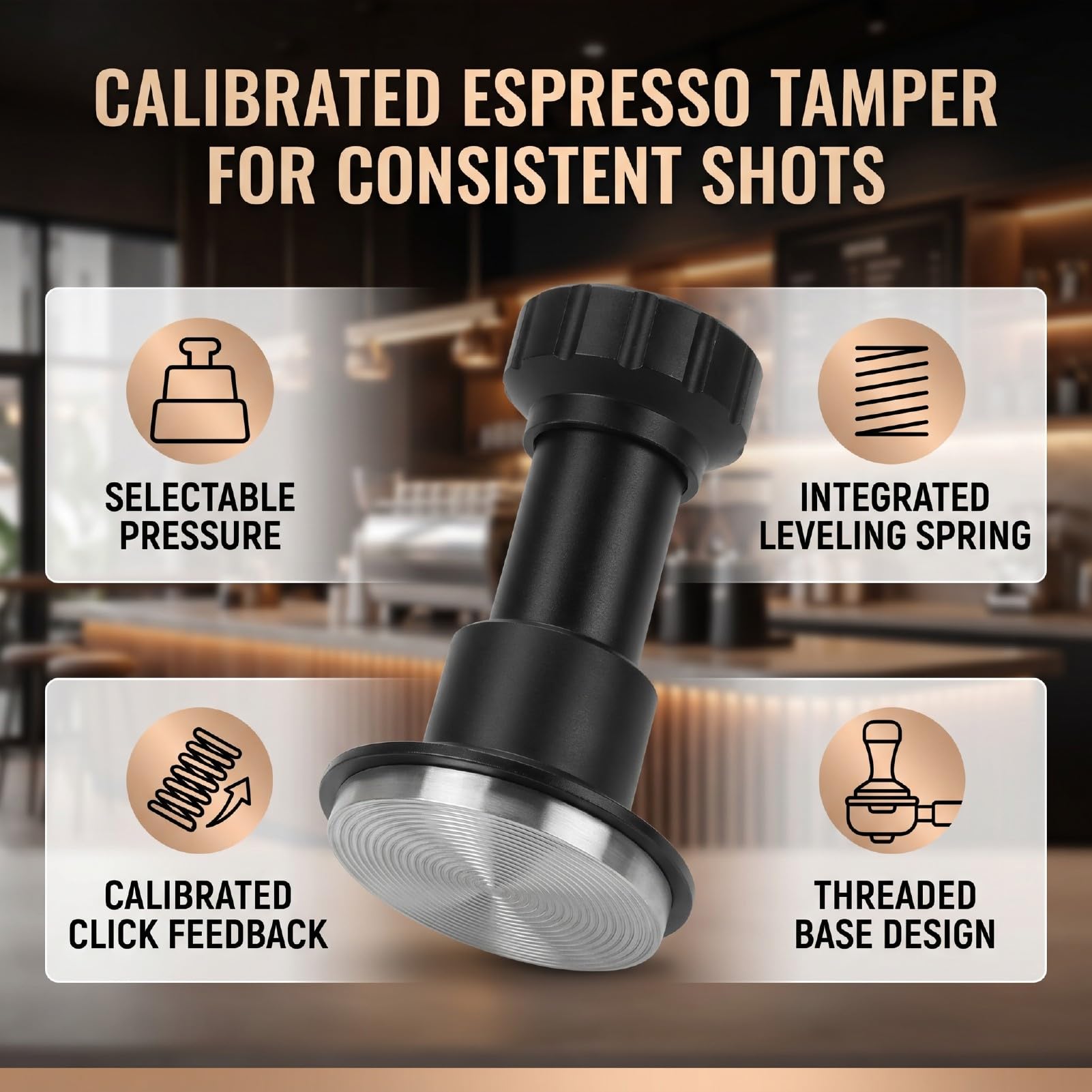 Luocute Pressino per caffè in Acciaio Inossidabile, Base Filettata da 58,35 Mm con Pressatore di Livellamento con Feedback di Caricato a Molla Calibrato da 25/30/35 Libbre, per
