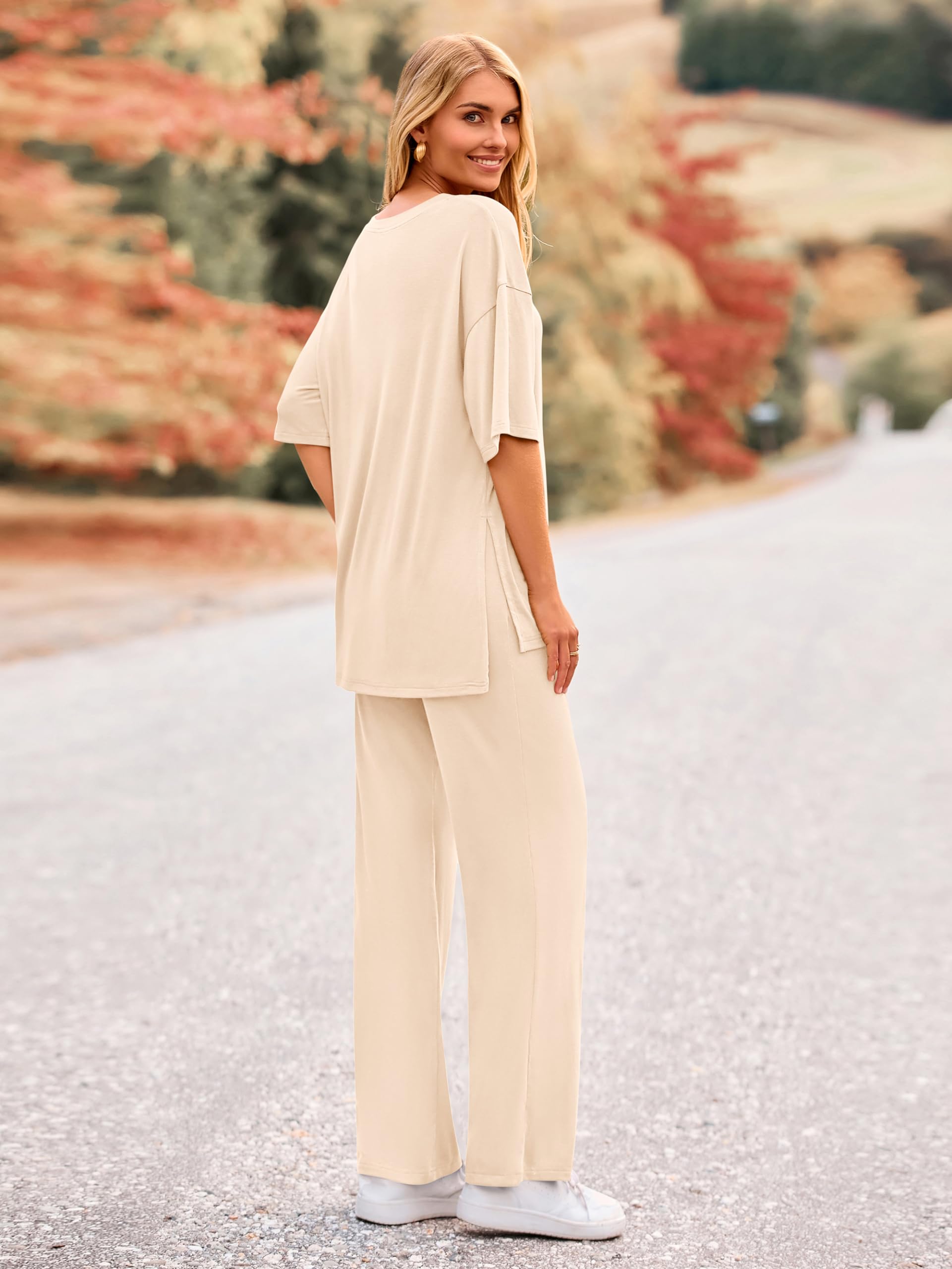 MASCOMODA Completo estivo da donna, 2 pezzi, a maniche corte, scollo a V, gamba larga, pantaloni lunghi, tuta casual