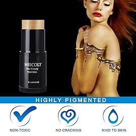 MEICOLY Gold Face Body Paint Stick(1.06 Oz),Cream Blendable Face Paint,Sweatproof Waterproof Body Paint Makeup for Halloween Special Effects SFX Cosplay,Metallic Gold