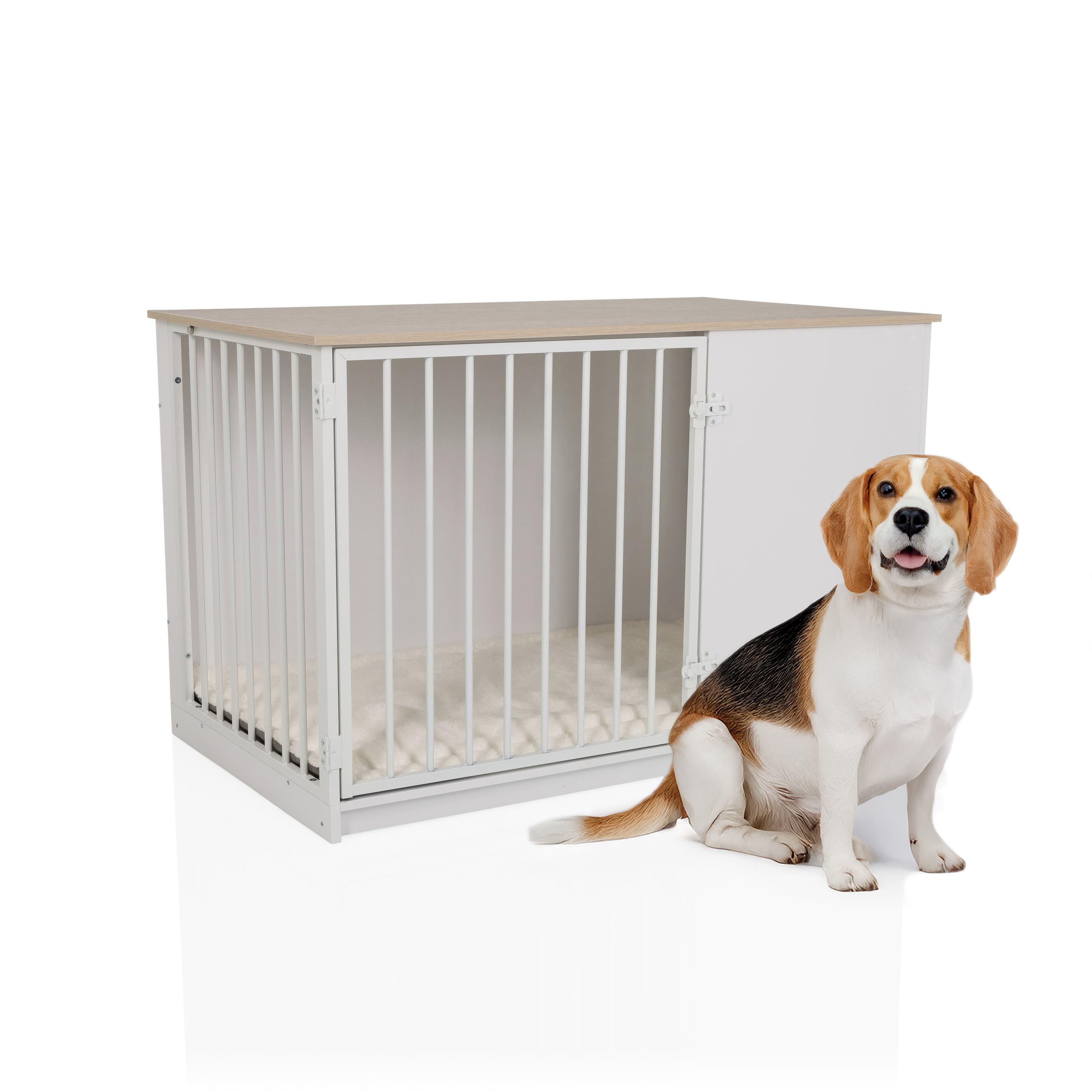 Hundebox für Zuhause, 102x60x65,5 cm PAWHOME XL Hundekäfig inkl. Edelstahlnäpfe, Hundehaus mit Tür bis 30kg belastbar, Weiß/Eiche