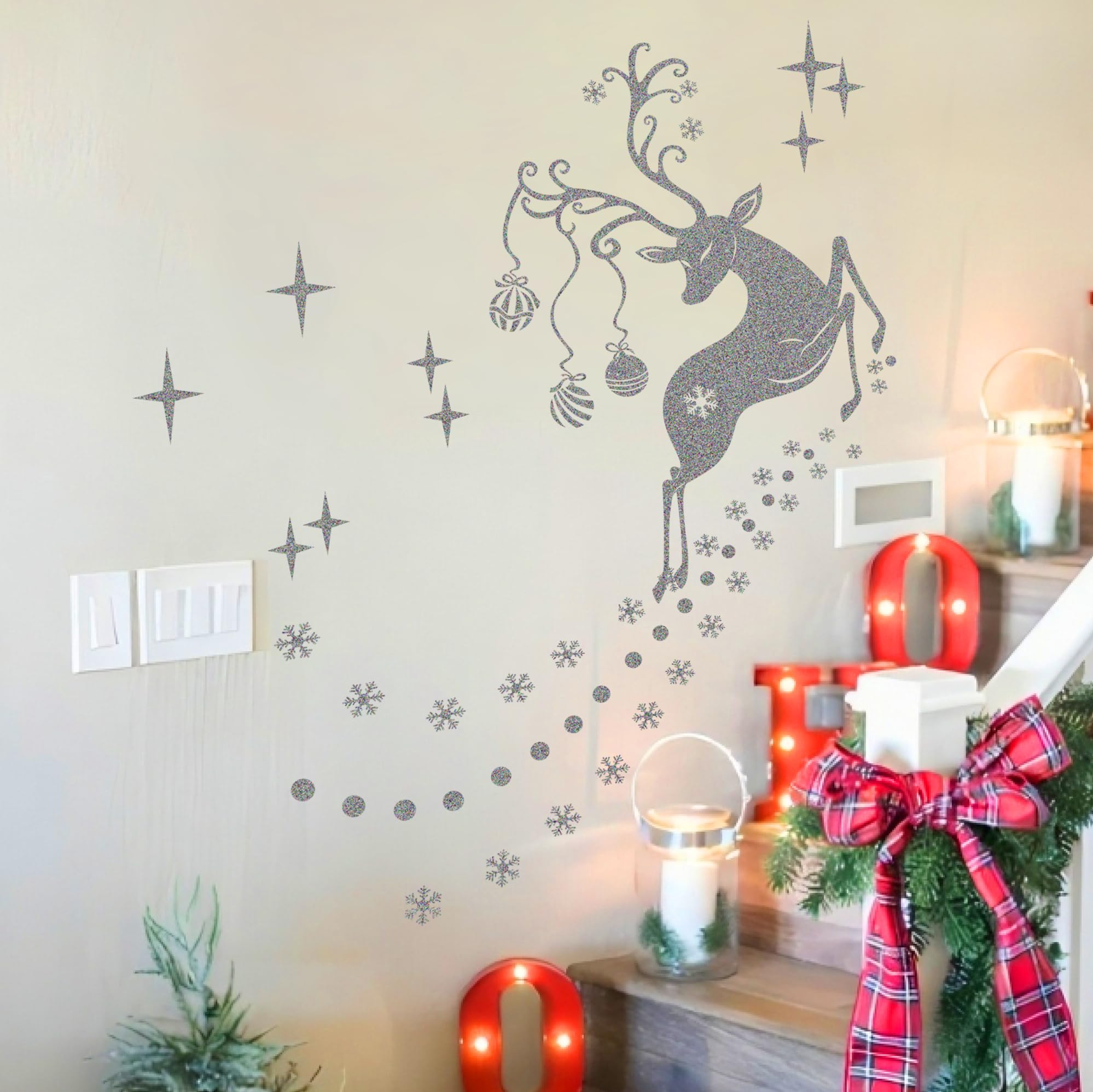 Durable Vinyl Christmas Wall Stickers, Double Sided Santa Reindeer Snowflake Decorations, Removable 55x80cm Rudolf Xmas Window Decals for Home Office Shop Party Décor, for 1.5-2M Wall, Silver