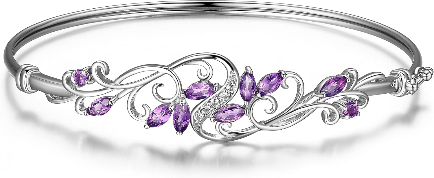 MORGAN & PAIGE .925 Sterling Silver Rhodium Plated Gemstone Elegant Bangle Bracelets for Women - Filigree Two-Tone Created Blue Sapphire & Cubic Zirconia or Genuine Amethyst & White Topaz, 7.25 inch
