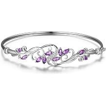MORGAN & PAIGE Silver Rhodium Plated Gemstone Bangle Bracelets 7.25in | Elegant Filigree Two-Tone Created Blue Sapphire & Cubic Zirconia or Genuine Amethyst & White Topaz