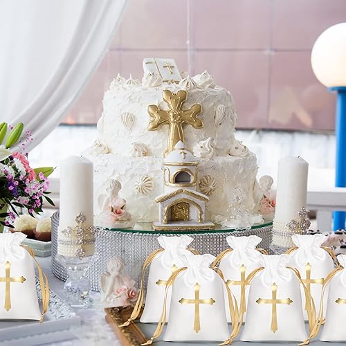 Miniatura 6 de PerKoop 50 bolsas de regalo de satén para bautismo con cordón de 4 x 6 pulgadas, bolsas de dulces para fiesta religiosa, bolsa de regalo cruzada,