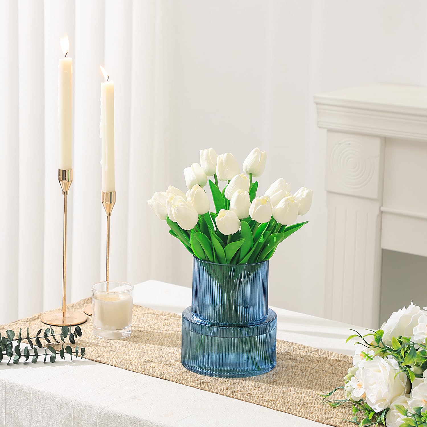 KAYLETIN Blue Glass Vase, Ribbed Vases for Flowers Flower Vase for Tulips Modern Vases for Living Room Dining Table, Entryway - Image 2