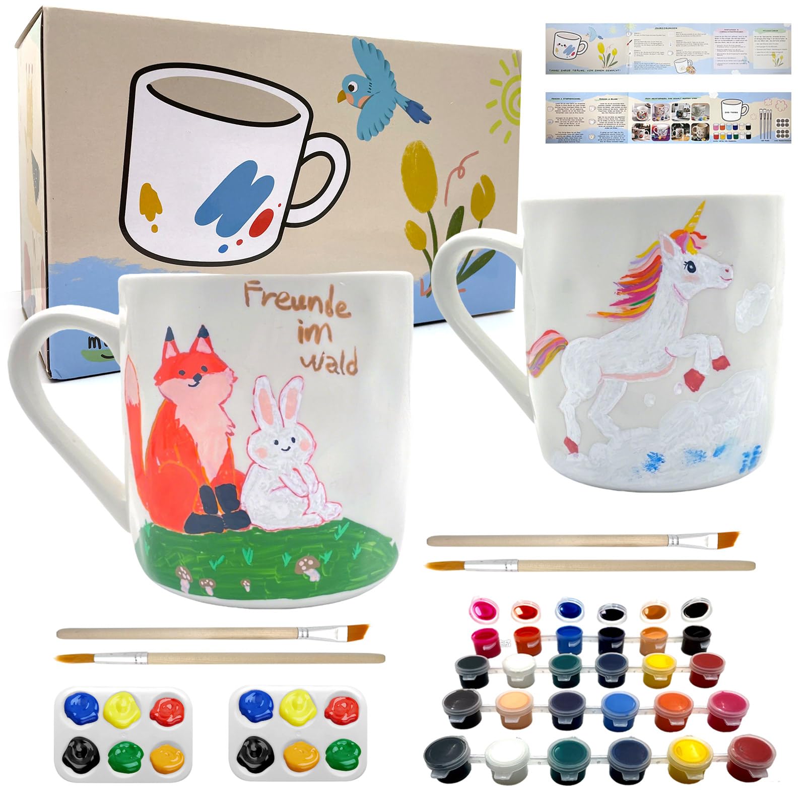 LEOSINYIN Keramik Bemalen Set, Tasse Bemalen Set, DIY Tassen Malset Kreatives Geschenk für Erwachsene Enthält 2*Tassen, 2*Farbwanne, 4*Pinsel, 2 * 12 Farben und Anleitung