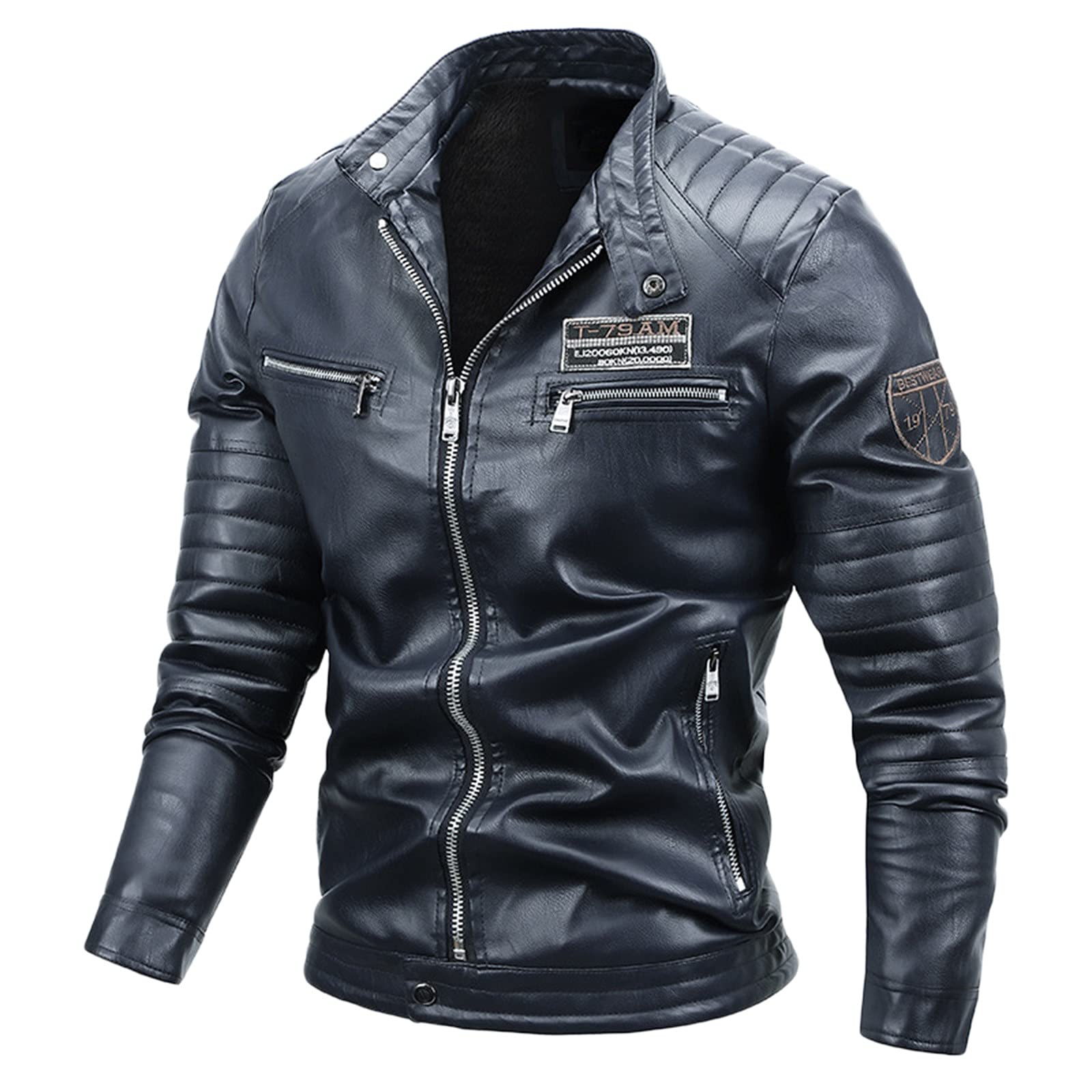 Hombres Invierno Plus Terciopelo cálido ropa exterior de Cuero elegante Gran Tamaño -Cremallera Cuello Alto Abrigo Sólido Chaqueta exterior