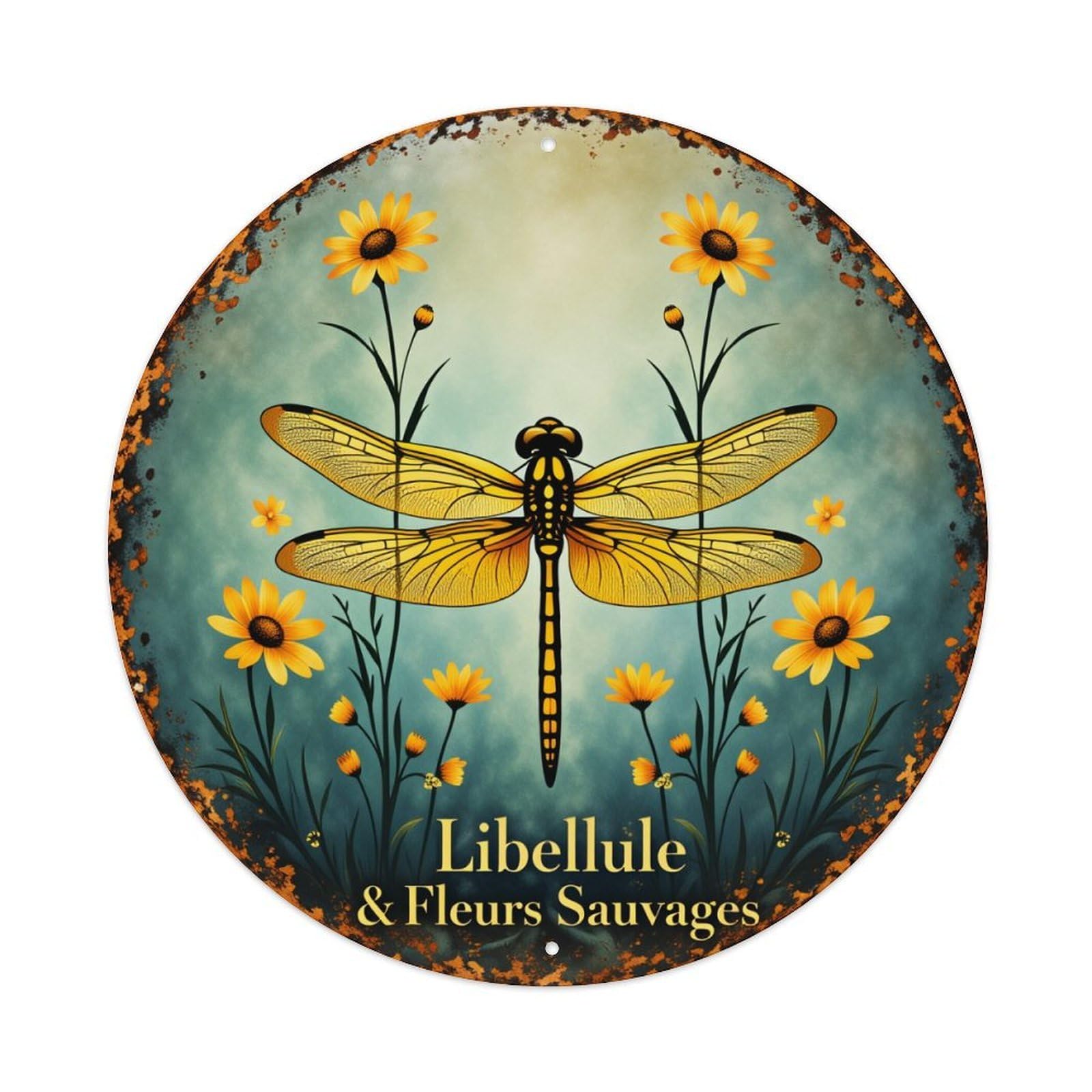 Dragonfly And Wild Flowers Round Tin Sign Vintage Style Metal Sign Home Bar Garden Wall Plaque Decor Metal Poster 8x8 Inch