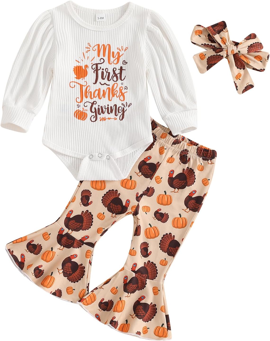 My First Thanksgiving Baby Girl Outfit Newborn Turkey Romper Bell Bottom Pants Headband Baby Thanksgiving Clothes