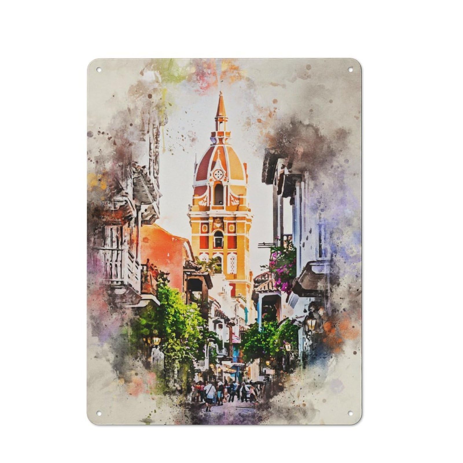 Junmoney Cartagena In Watercolor Retro Metal Wall Sign 40X30cm With For Pub Or Café, A Housewarming Gift For Hospitality Wall Decor Collectors