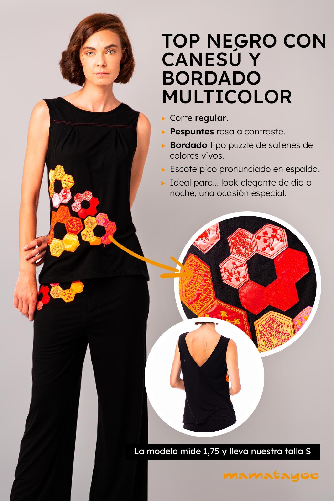Mamatayoe Top Arte para Mujer – Top Negro sin Mangas para Eventos con Aplicaciones Bordadas, Tallas S-XXL
