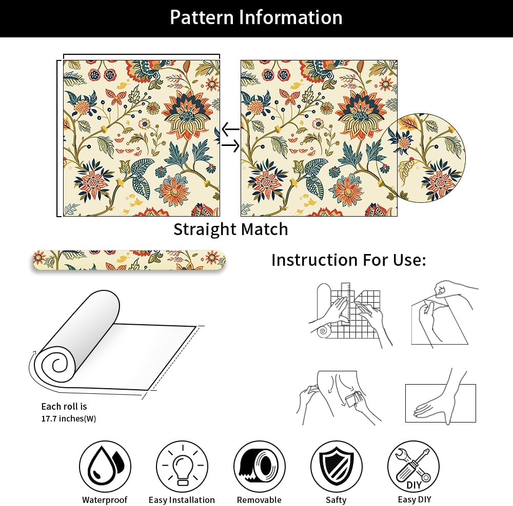 18"x236"Boho Beige Orange Red Flower Green Leaf Peel and Stick Self Adhesive Wallpaper Removable Contact Paper Stick on Easy Peel Off Wall Paper for Kitchen Bedroom Bathroom Renter