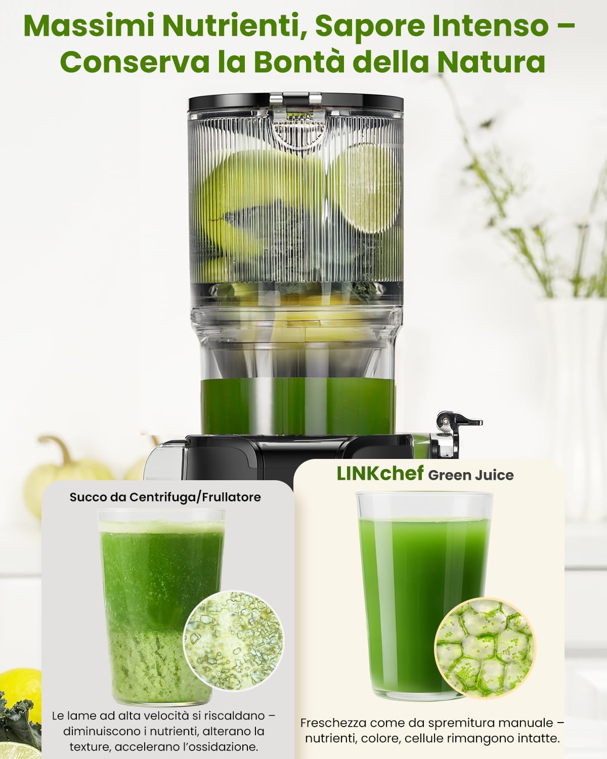 LINKChef Estrattore Frutta e Verdura, 200W Centrifuga Frutta e Verdura, 1.2L Estrattore di Succo a Freddo di Riempimento da 115 mm, Facile da Pulire, BPA Free, Nero