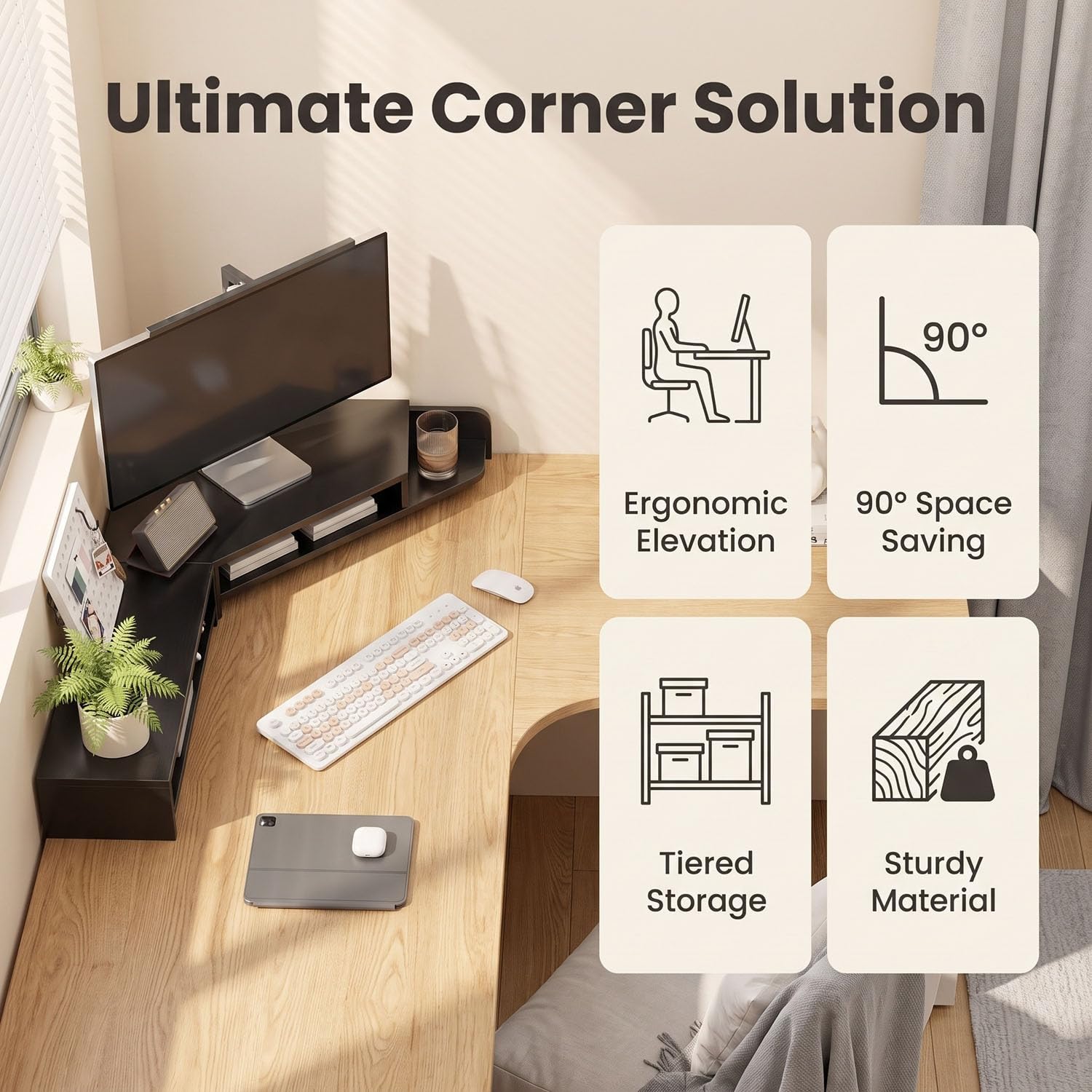 Wooden Monitor Stand, Built-In Storage, for Study Office Display