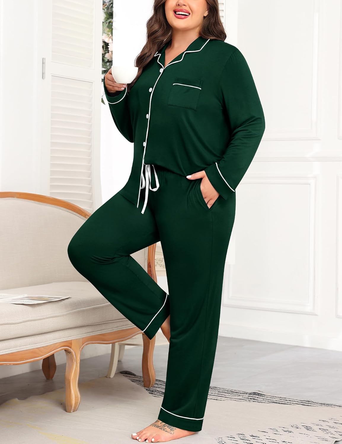 SWOMOG Women's Plus Size Pajamas Set Long Sleeve Sleepwear Button Down Tops Soft Pajama Pants 2 Pcs Lounge Sets with Pocket - Image 2