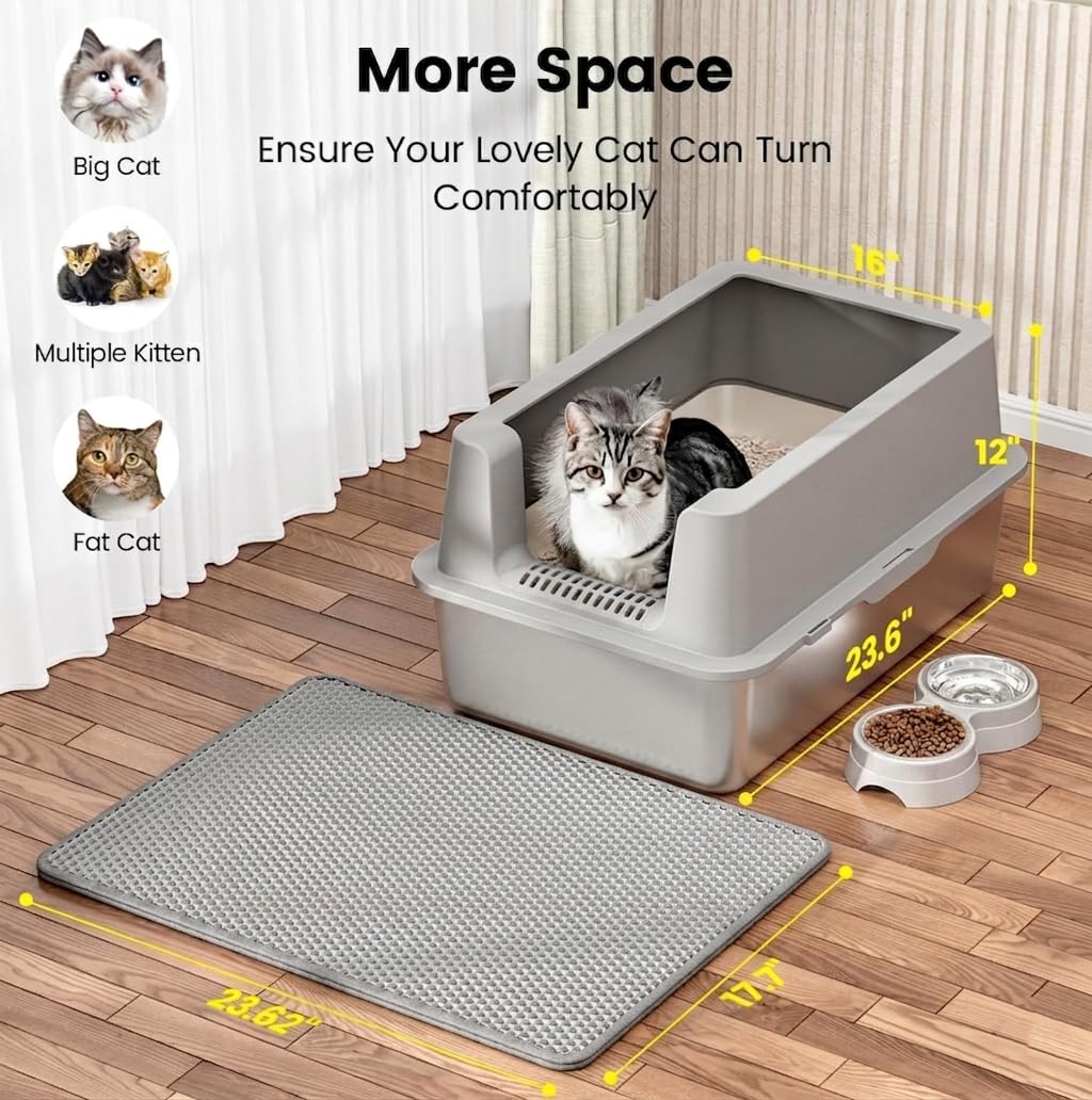 Stainless Steel Cat Litter Box - Enclosed XL Metal Kitty Litter Box with Lid for Big Cats, High Sided, Anti-Leakage, Easy Cleaning, Non-Sticky, Included Litter Mat, Cat Bowl & Spoon - image 5