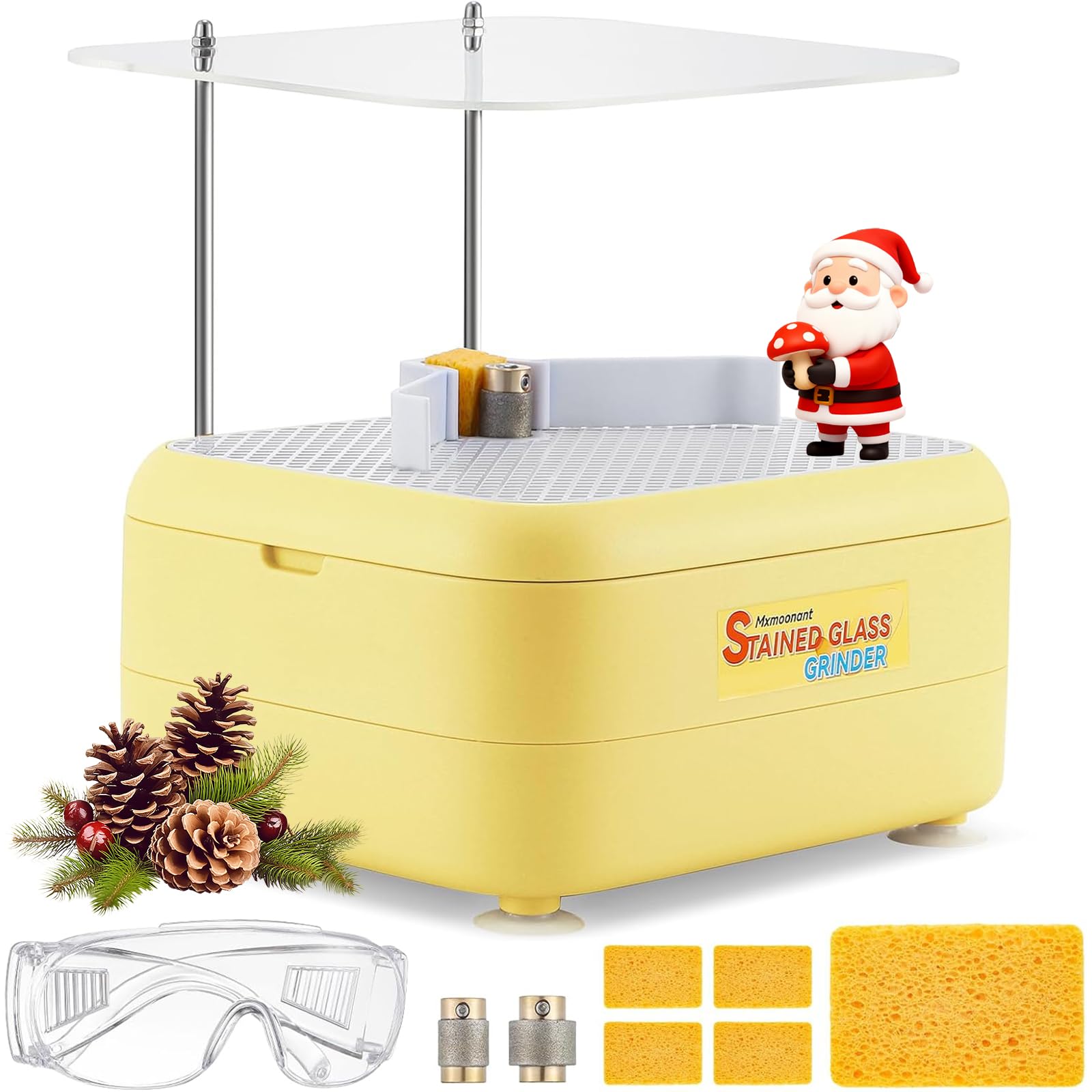 Mxmoonant Mini Amoladora del Vidrio Manchado del Agua DIY, Adecuado para Vidrieras, Mosaicos, Cerámica, con 2 Brocas de Diamante y Deflector (amarillo claro)