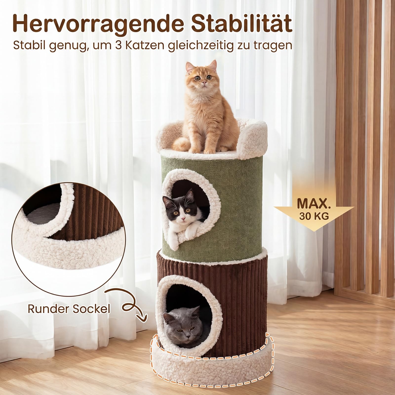 COSTWAY Kratztonne, Ø 41 cm, 85 cm hoch, Katzentonne mit 2 Katzenhöhlen, waschbarem Kissen & Liegefläche, Kratzbaum für kleine und mittelgroße Katzen bis 10 kg, Grün + Braun