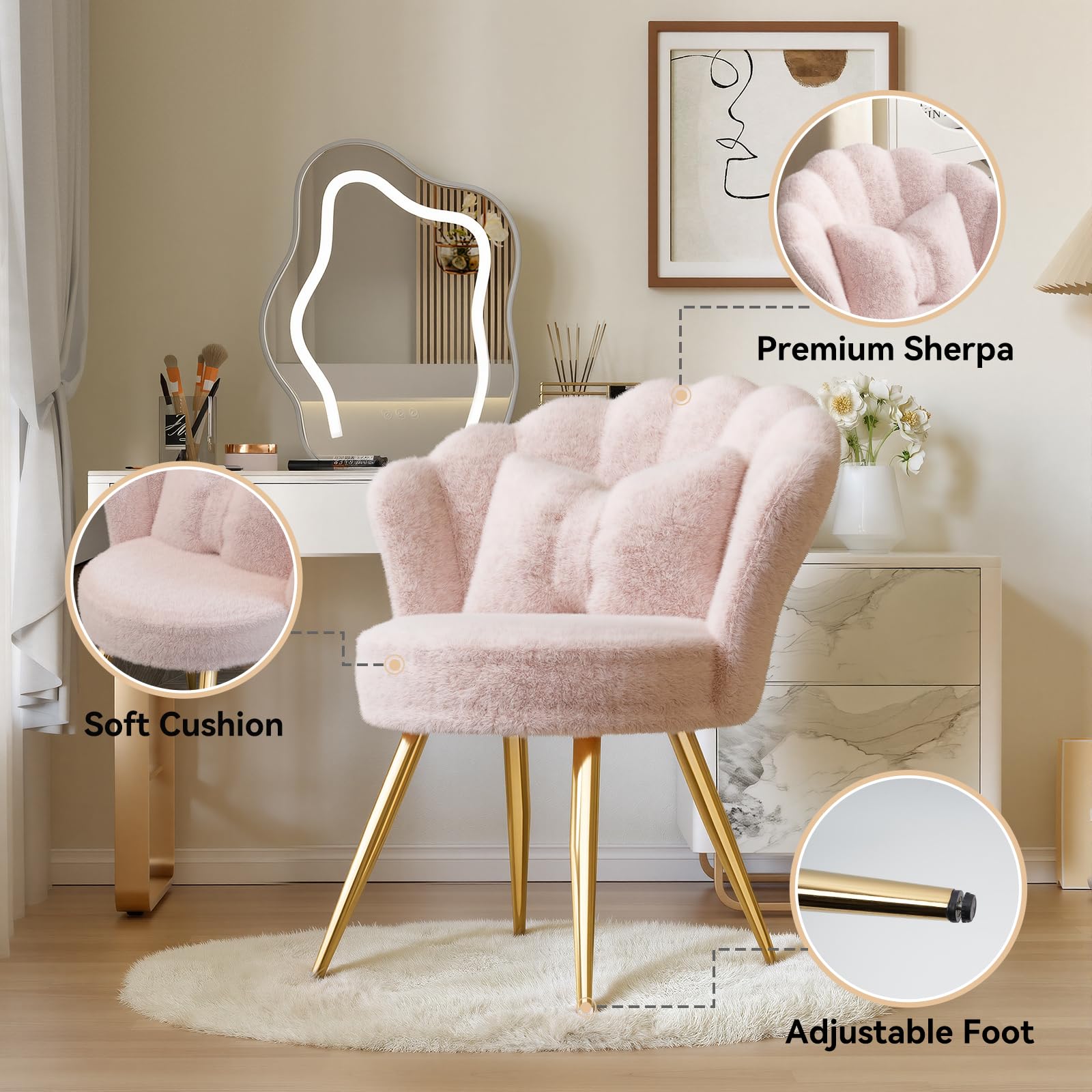 Esszimmerstühle Samt 1er Set • Muschelsessel mit Rückenlehne & Armlehnen • Schminktisch Stuhl • Polstersessel Elegant • Akzentstuhl mit Kissen Accent Chair • Rosa