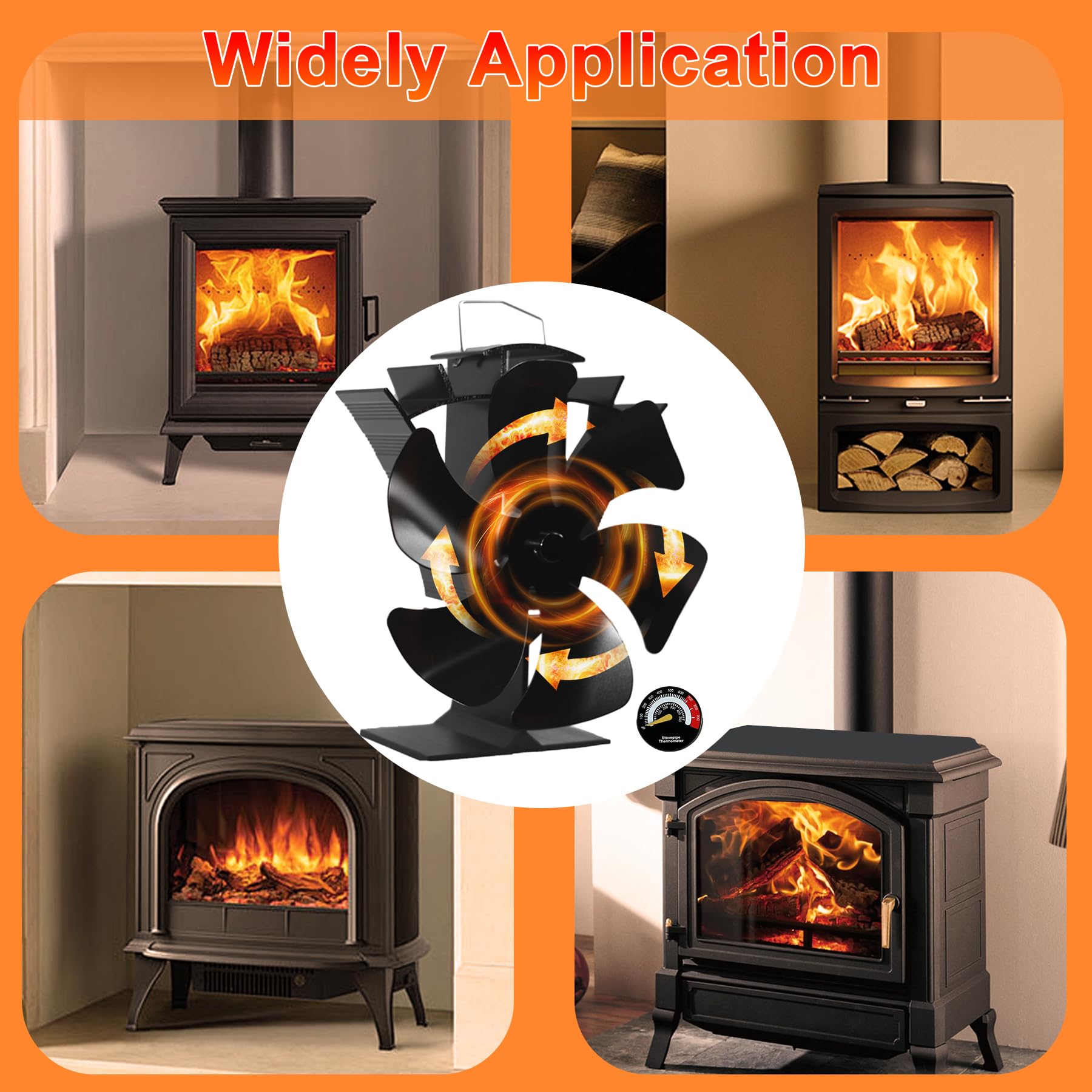 Ventilador de estufa de 6 hojas sin electricidad – Ventilador de chimenea con termómetro, funcionamiento silencioso, compatible con estufas de leña, chimenea y pellets