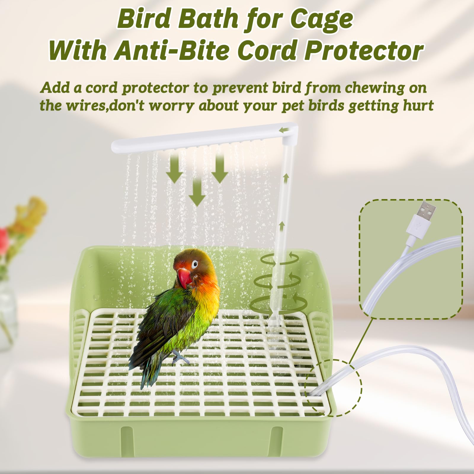 Automatic Bird Bath with Pump, Parrot Bathtub with Anti-Bite Cord Protector, USB Electric Large Bird Bathtub Circulating Water Bird Shower for Parakeet Cockatiel African Grey Lovebird(Green) - image 6