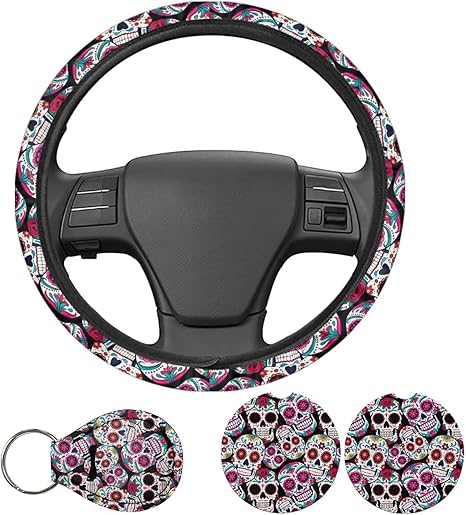 Sugar Skull 4pcs Steering Wheel Cover Set - Car Cup Coasters & Keyring Car Accessories Universal Fit 14.5-15 inch Wheel Auto SUV Sedan Vans Trucks