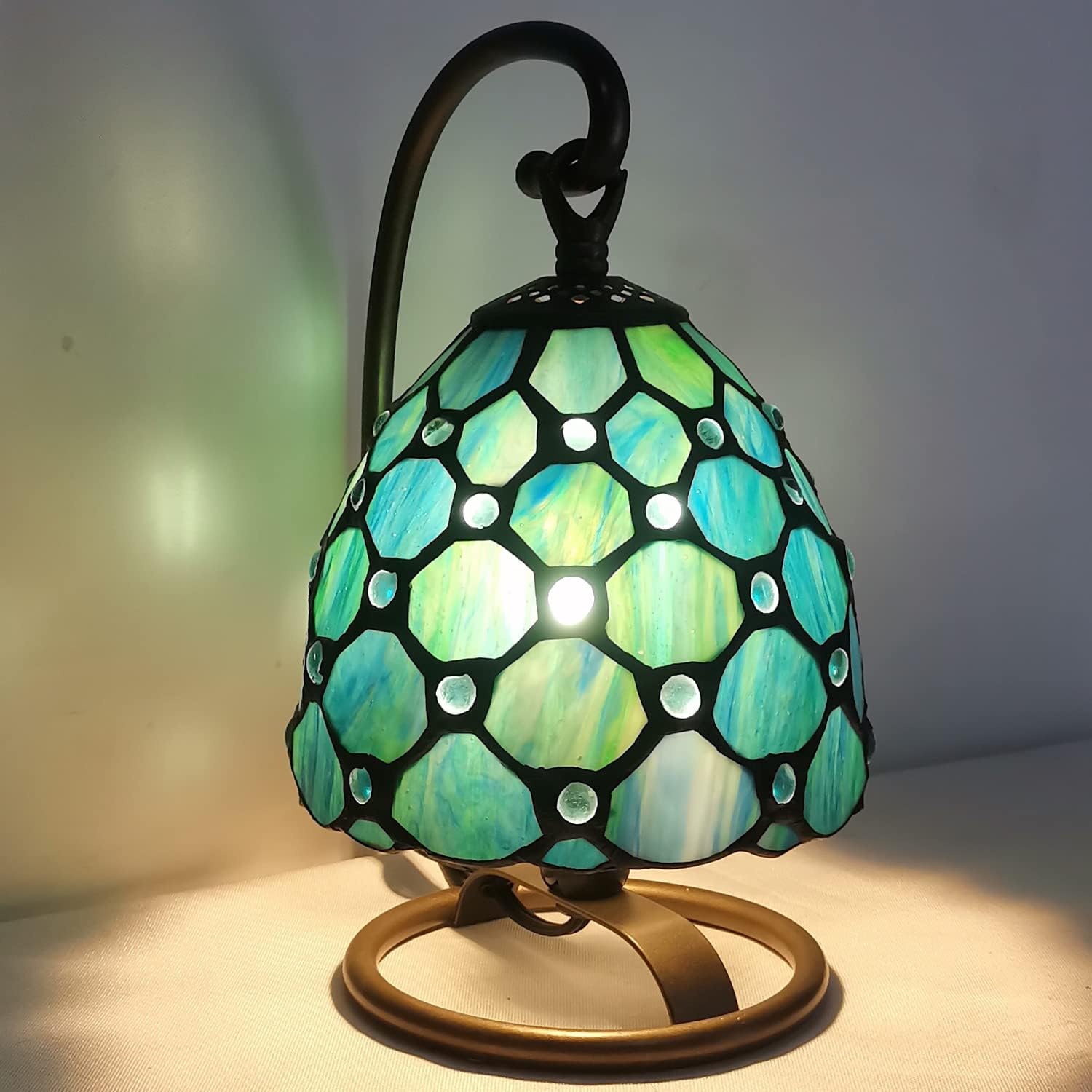 Small Tiffany Lamp Stained Glass Table Lamp 8X6X10 Inch Mini Accent Memory Sympathy Antique Night Light for Bedroom Living Room (Sea Blue Pearl)