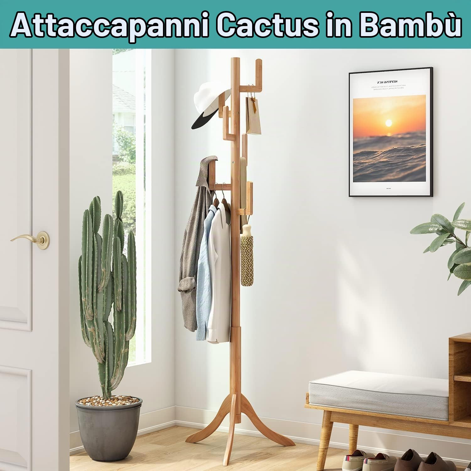 Oceano Attaccapanni da Terra Appendiabiti in Legno Autoportante Albero con 8 Ganci per Ingresso Casa Camera da Letto Soggiorno Ufficio Corridoio per Vestiti Giacche Cappotti Cappelli Borse (Cactus)