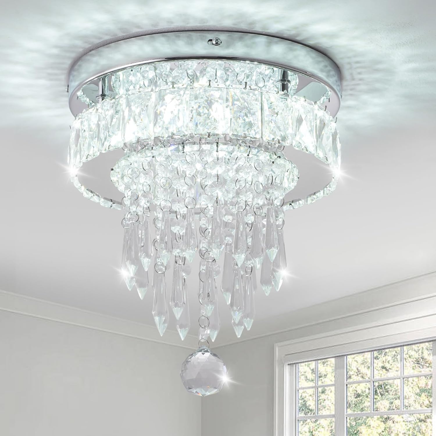 LEONTYNE Crystal Chandeliers LED Ceiling Light Living Room Chandelier Flush Mount Ceiling Lighting for Bedrooms Dining Room Hallway (6500K Cool White,Dia 25 cm)