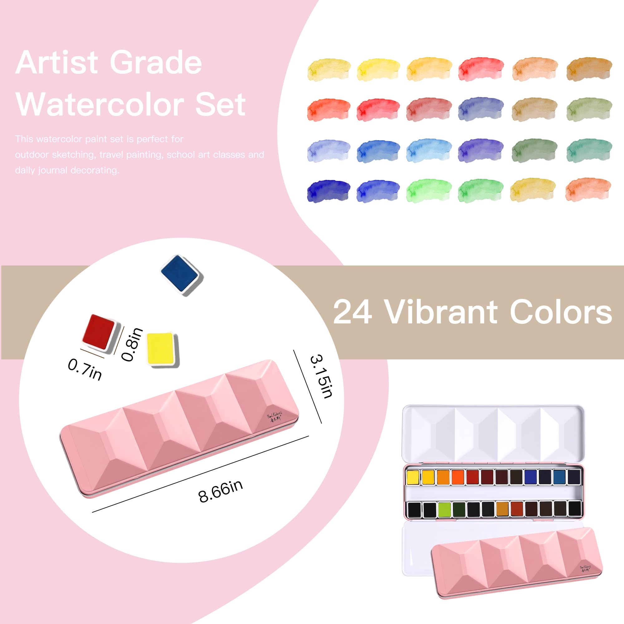 rubens Set di pittura ad acquerello professionale, 24 colori, mezze padelle ad alto pigmento, in elegante custodia in metallo rosa con motivo a rombi con anello, regalo artistico estetico per