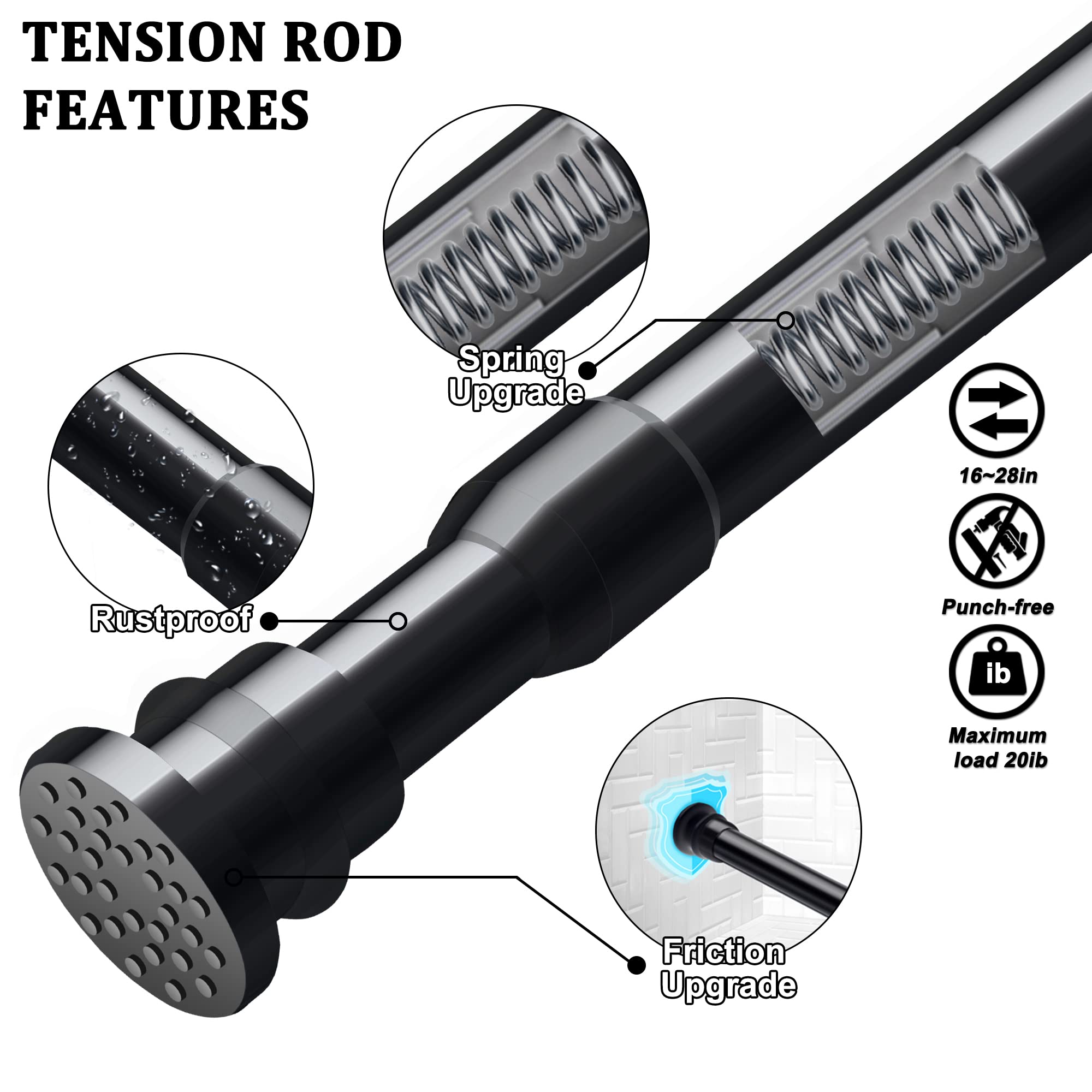 Small Tension Curtain Rods 16 to 28 Inches Adjustable Extension Short Shower Rod Heavy Duty Non-Slip Non Drill Spring Tension Rod for Windows, Closet, Kitchen, Black