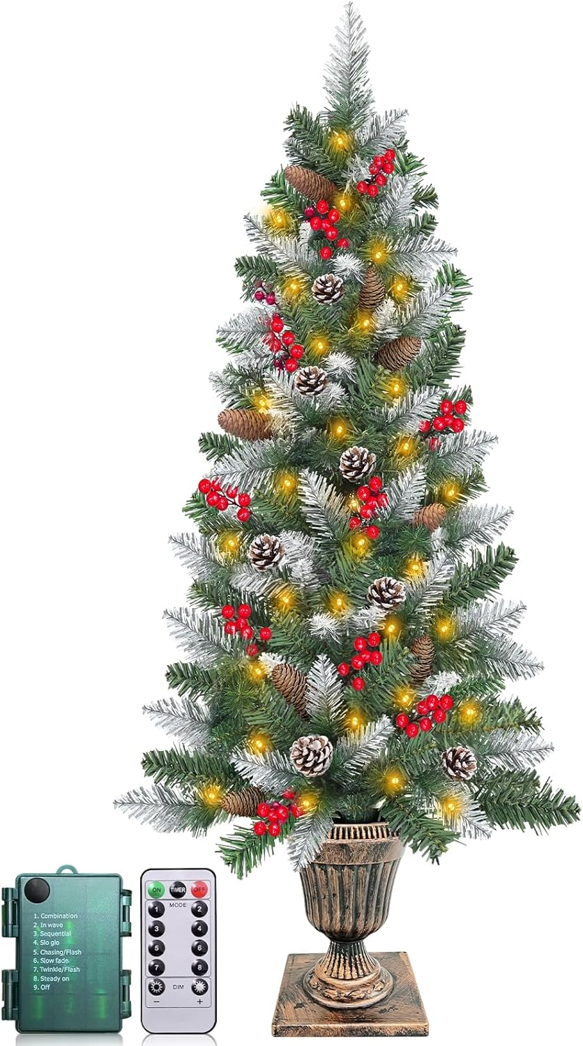 4Ft Snowy Artificial Porch Christmas Entrance Tree with Pot Base Timer 80 Warm White Lights Remote 8 Modes Battery Operated 15 Pine Cones 90 Red Berries Small Xmas Tree Front Door Outdoor Home Decor