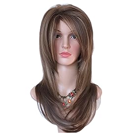 Long Layered light Brown with Blonde wig Balayage color wig with brown with blonde highlight wig Synthetic Hair Multicolor for white Women
