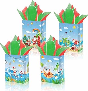 YVAINE 12Pcs summer Christmas Party Gift Bags with Tissue Paper Summer Beach Hawaiian Treat Bag Mele Kalikimaka Tropical Christmas Paper Goodie Bags for Mele Kalikimaka Party Supplies