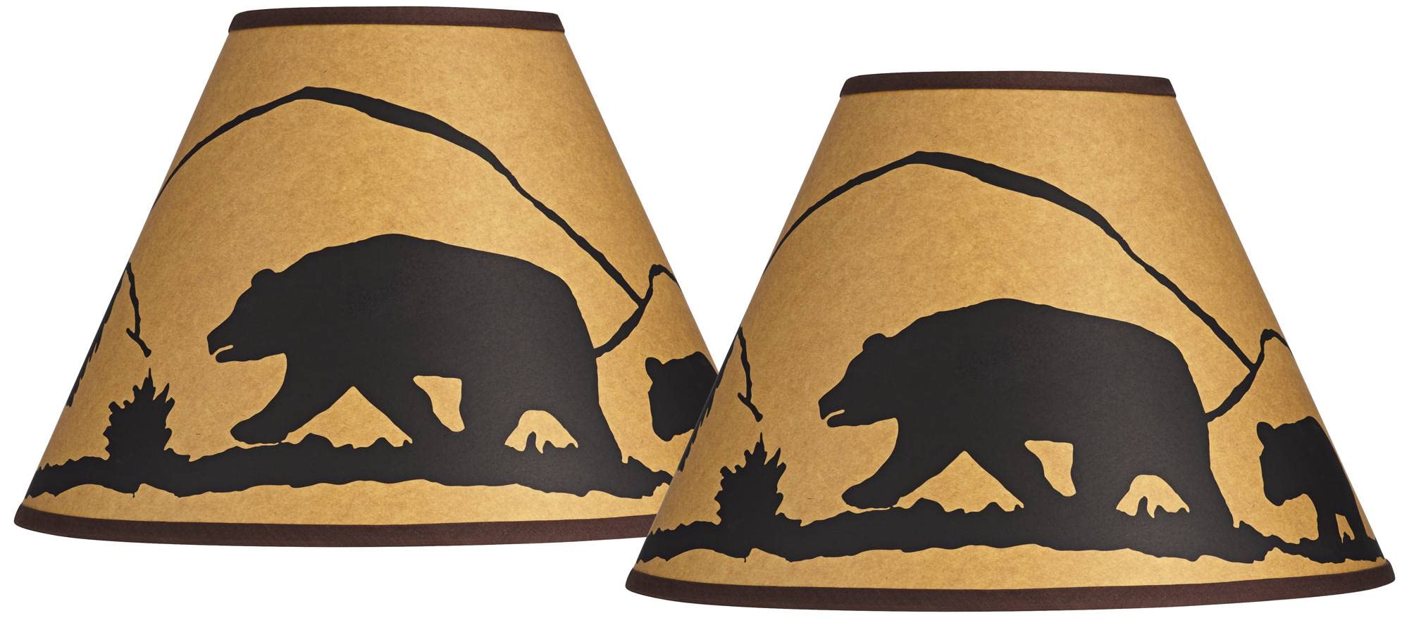 Set of 2 Hardback Empire Print Lamp Shades Black Brown Mountain Scene Medium 6" Top x 14" Bottom x 10.75" High x 10" Slant Spider with Replacement Harp and Finial Fitting - Springcrest