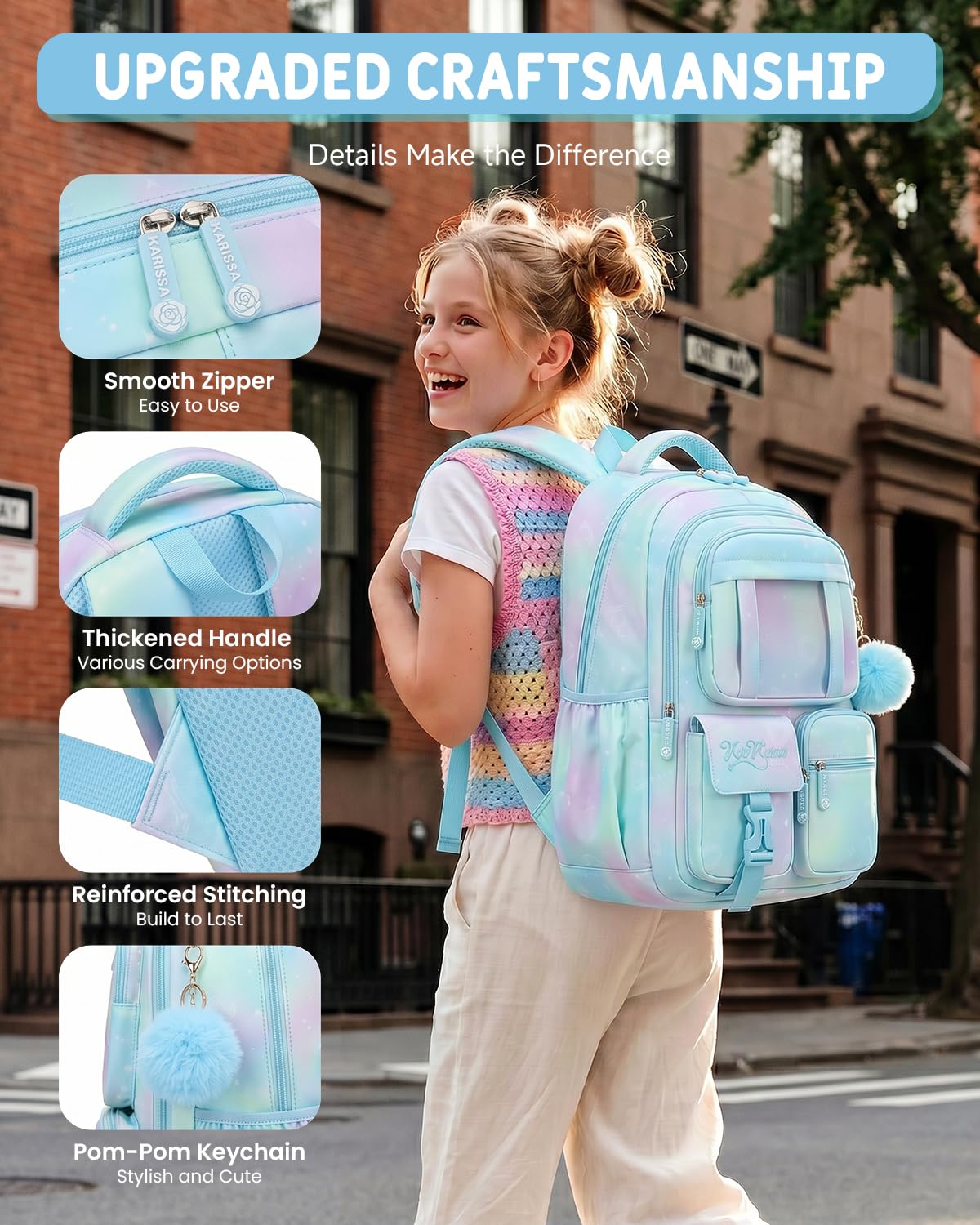 Tanou Schultasche Mädchen Rucksack Schule Mädchen der 1. bis 4. Klasse | Schulrucksack für Mädchen Atmungsaktiv, Wasserabweisender Nylon Kinder Schulranzen, Blau