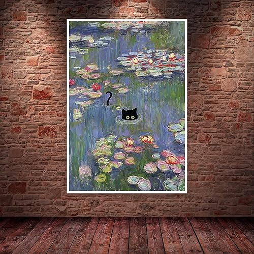 Miniatura 6 de Lianxiaw Lienzo floral divertido de gato negro, arte para la pared, pinturas al óleo famosas, póster de gato negro, estampado de gato funky,