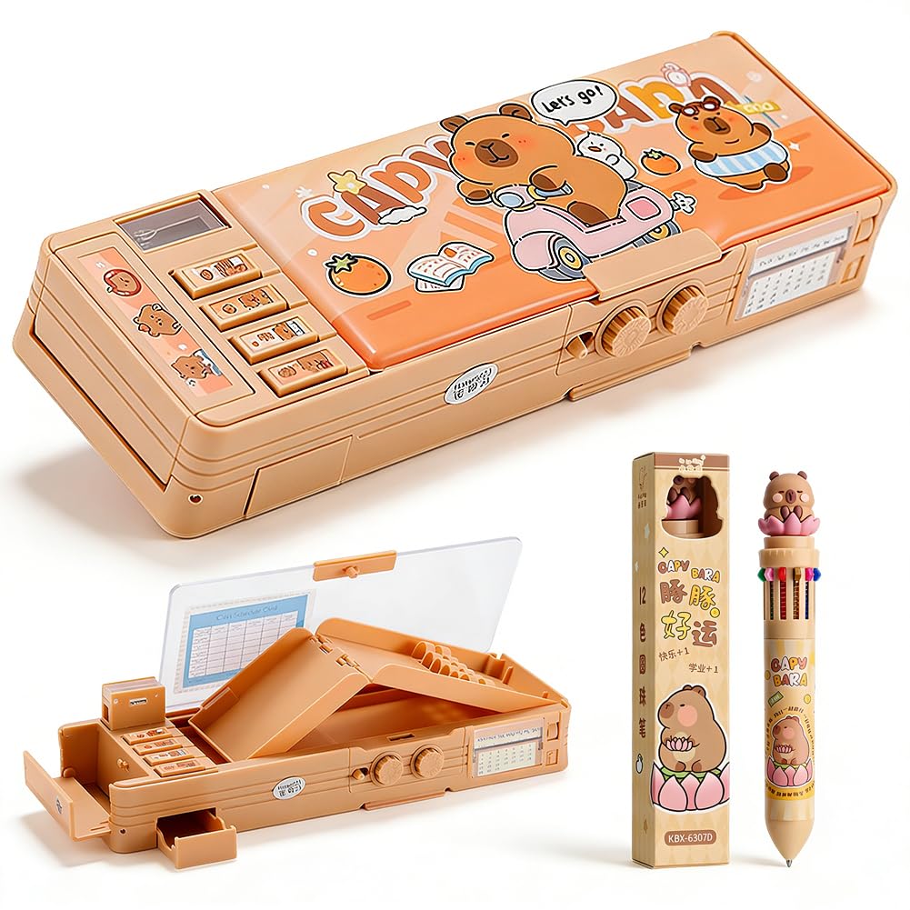 Capybara Stationery Gift Set, Pop Up Multifunction Pencil Case, Ballpoint Pen & Keyring Set, Cartoon Multi Pen Box with Password Lock Sharpener for Office School Children Student Stationery