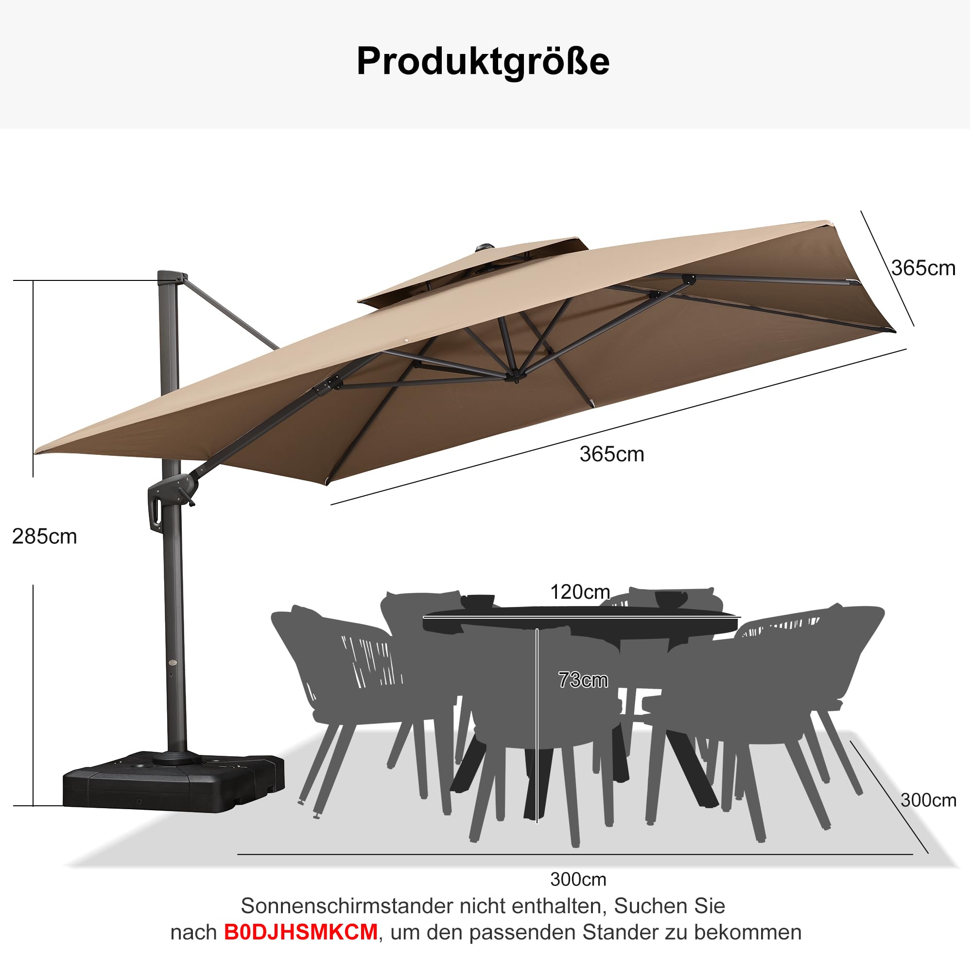 PURPLE LEAF Sonnenschirm 365 × 365 cm 6 Neigungsstufen mit Kurbel, Taupe | Leichtgängiger Aluminiumgriff, Ampelschirm 98 % UV-Schutz, 360° Drehbar, Doppeldach-Belüftung, Polyester Wasserabweisend
